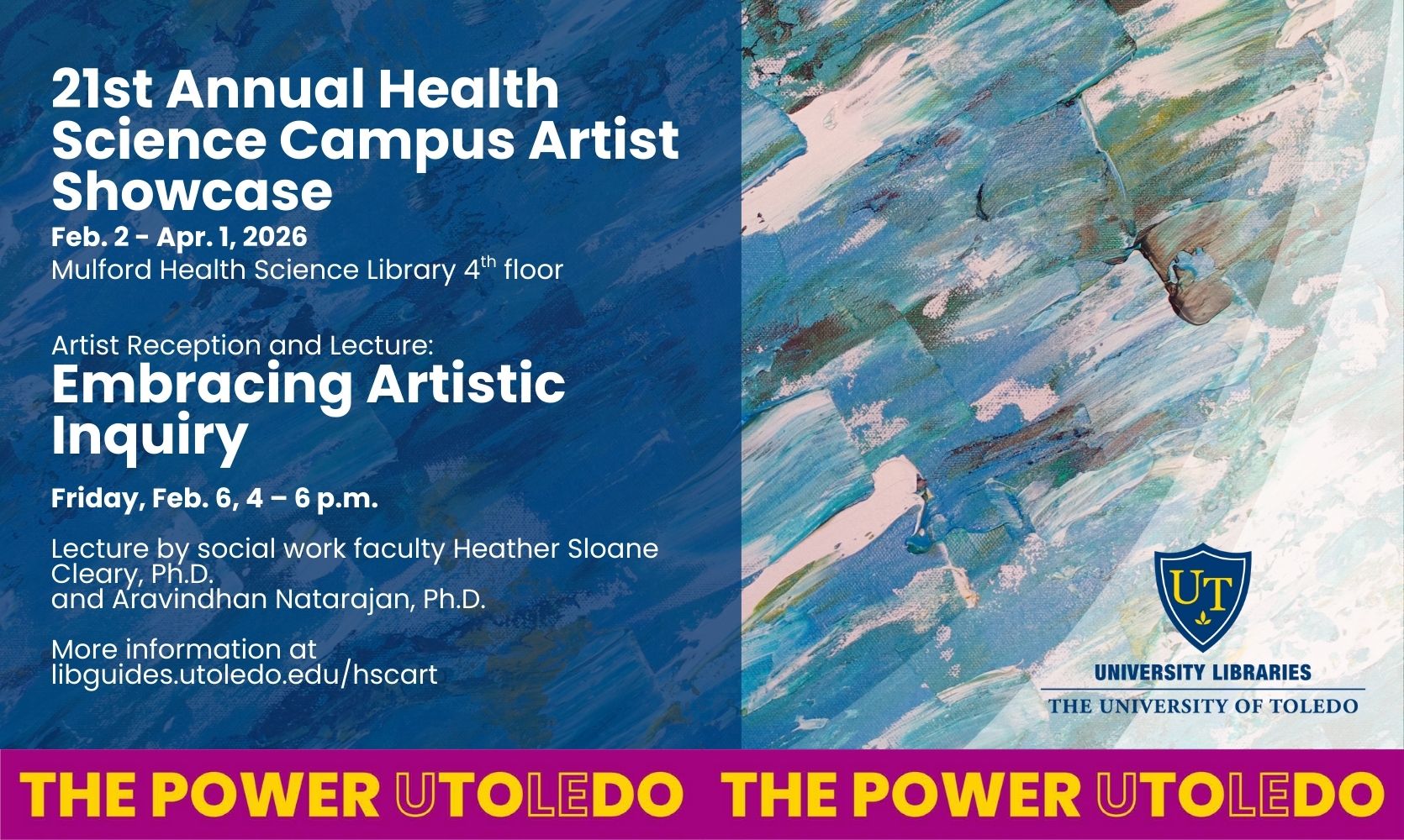 blue impressionist blackground with showcase and reception details in foreground