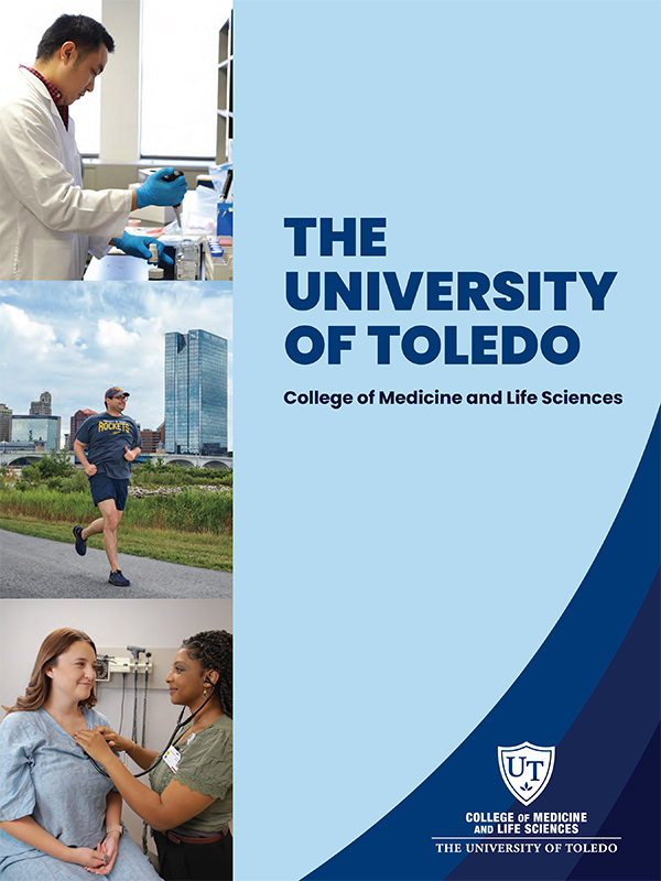 College of Medicine and Life Sciences Viewbook front cover featuring photos of a researcher in a lab, student running and learner in a clinic.